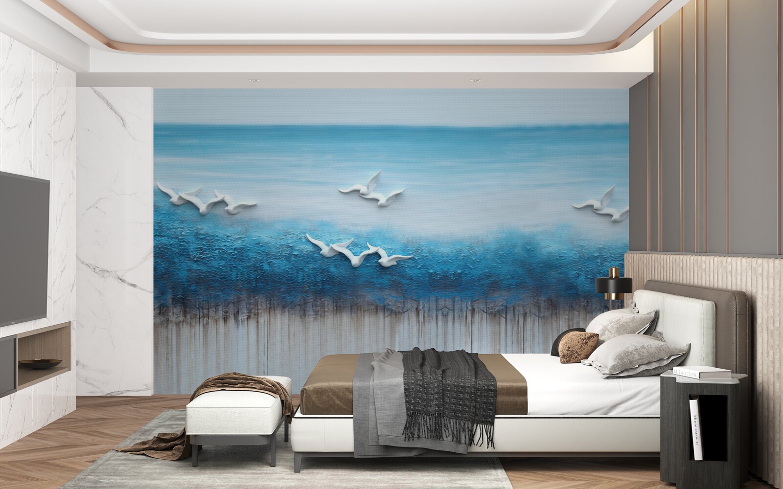 Papier peint des oiseaux blancs planent au-dessus de la mer