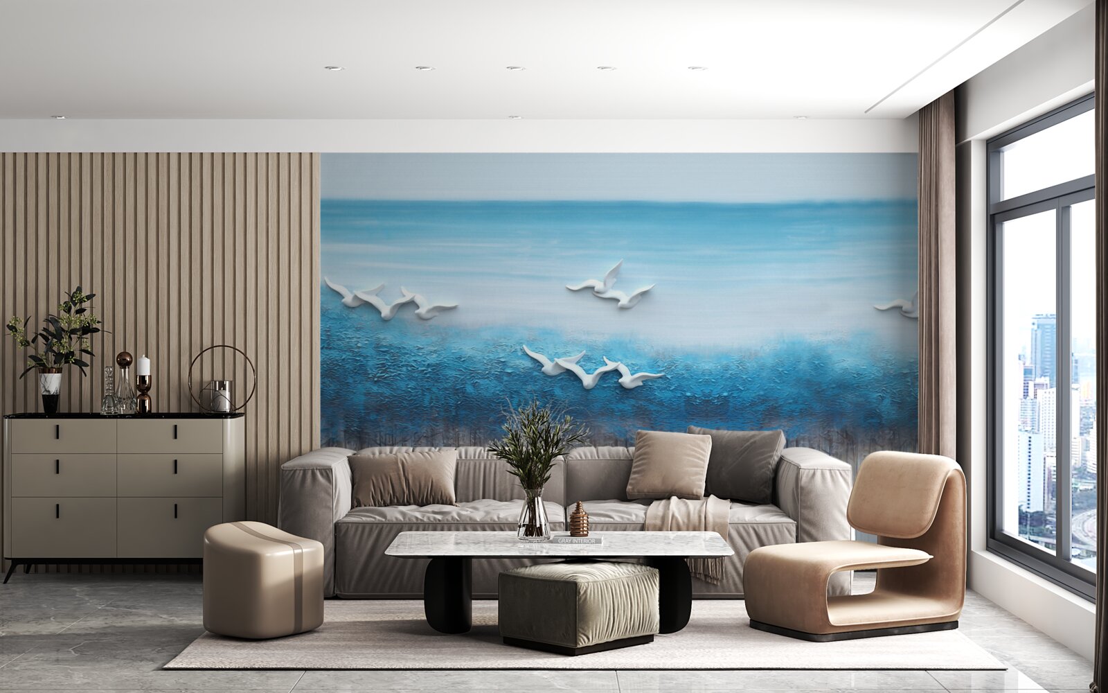 Papier peint des oiseaux blancs planent au-dessus de la mer