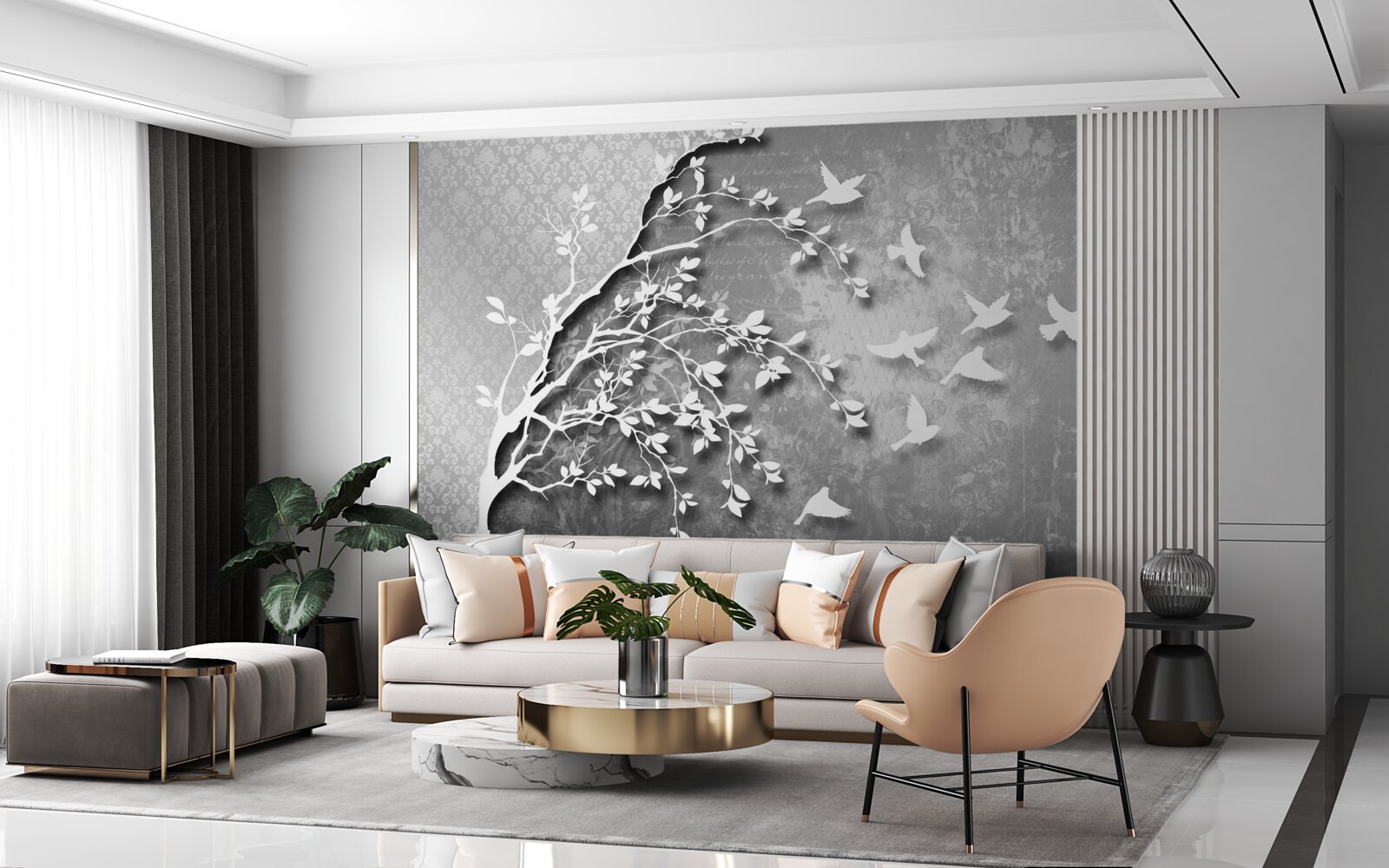 Papier peint silhouette d'arbres et d'oiseaux gracieux