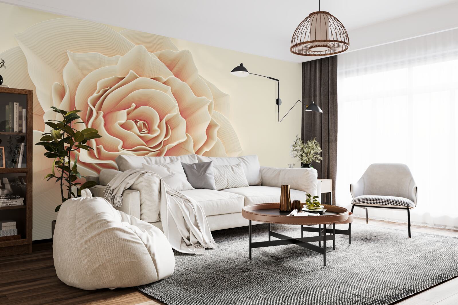 Papier peint grande rose crème