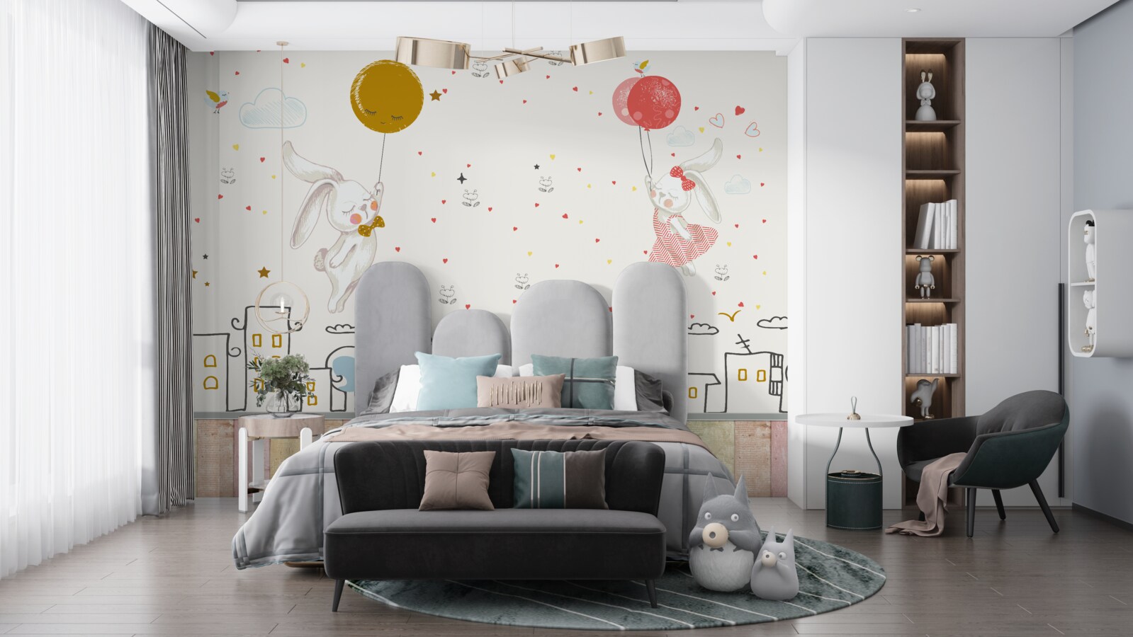 Papier peint les lapins survolent les toits avec des ballons