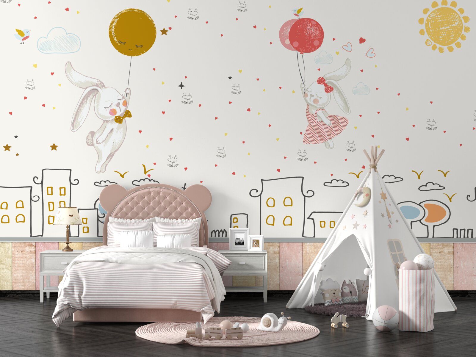 Papier peint les lapins survolent les toits avec des ballons