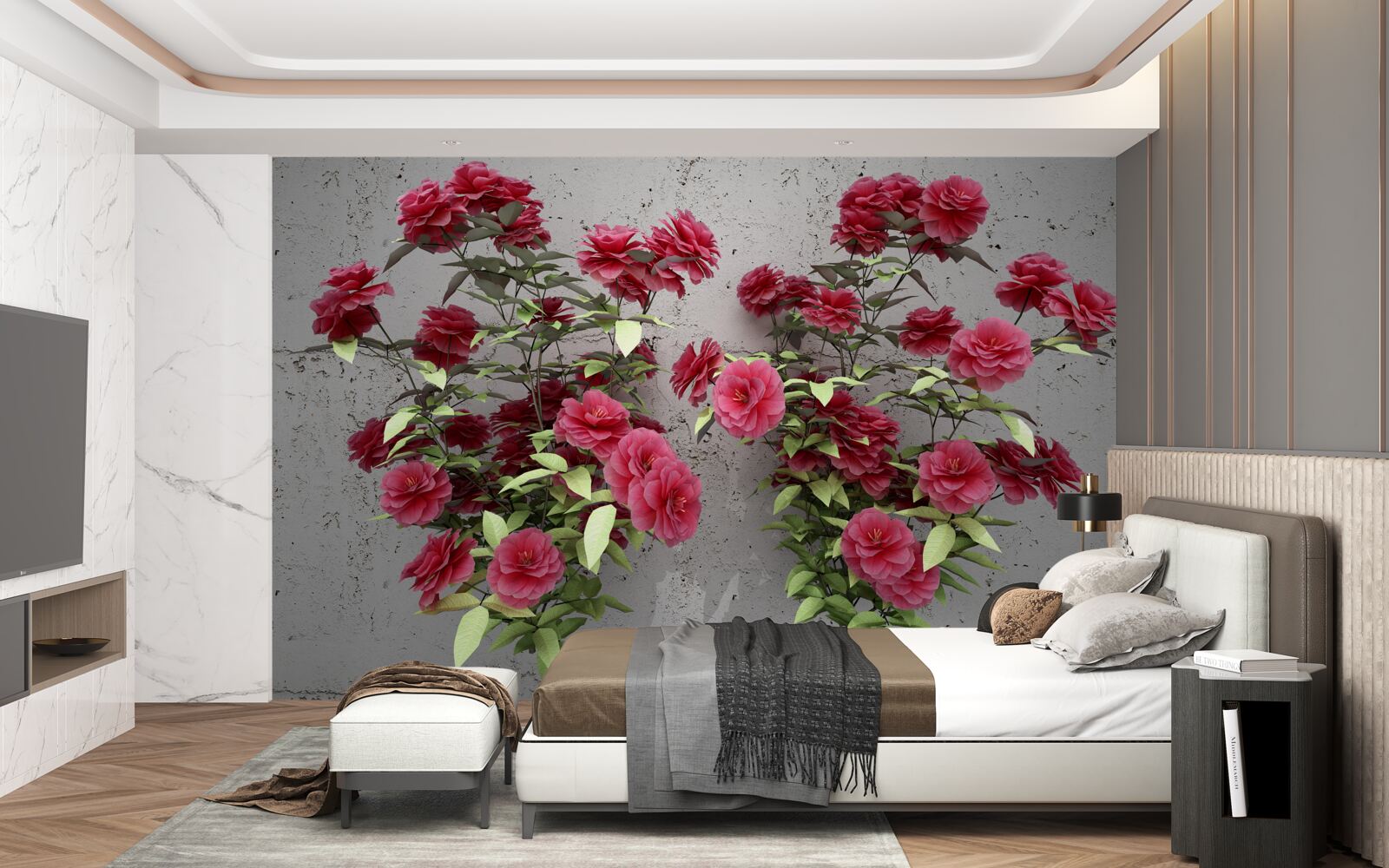 Papier peint fleurs roses avec feuilles vertes