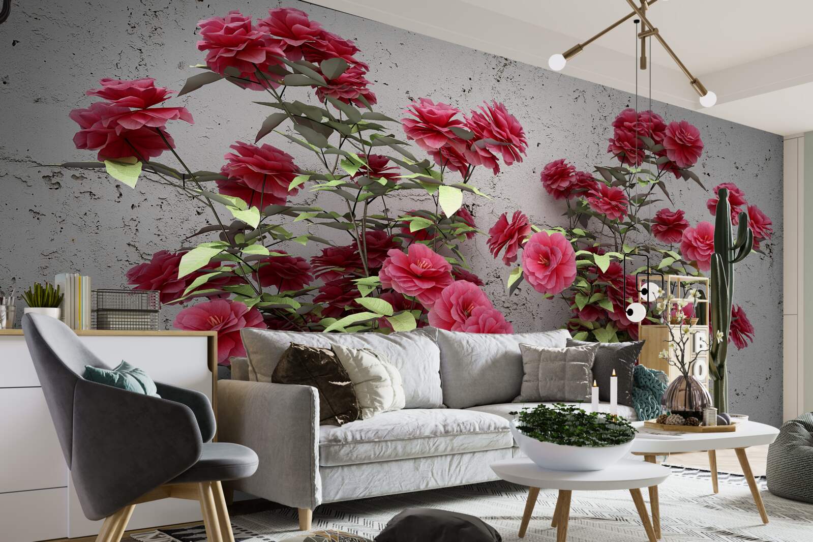 Papier peint fleurs roses avec feuilles vertes