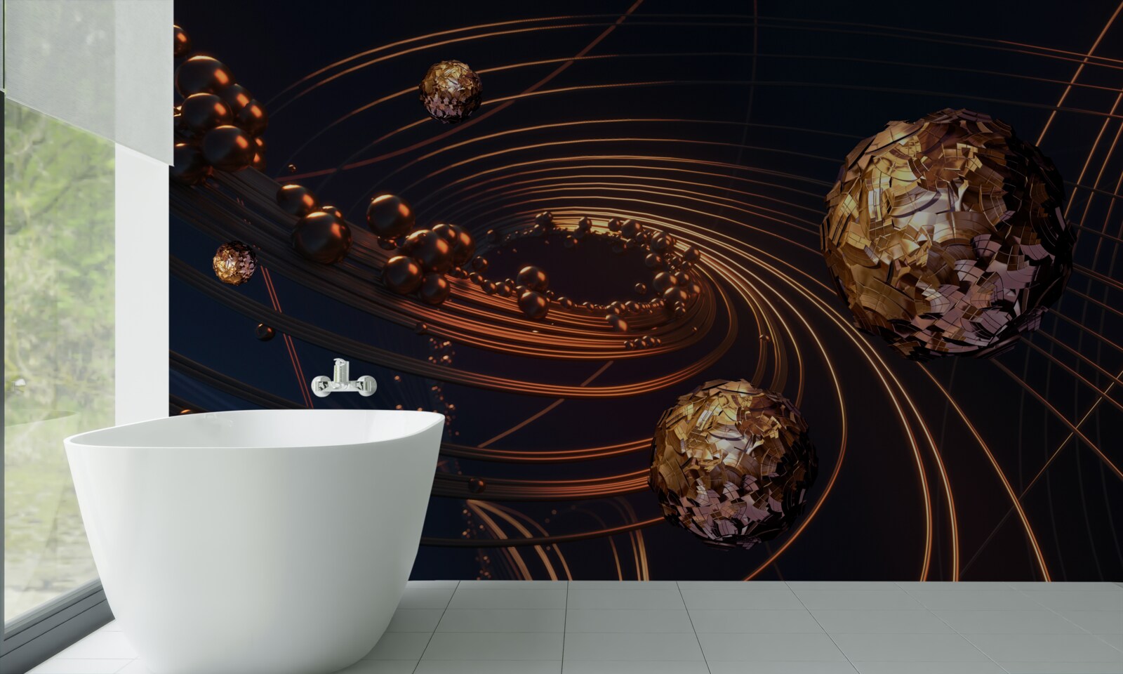Papier peint boules lumineuses dorées