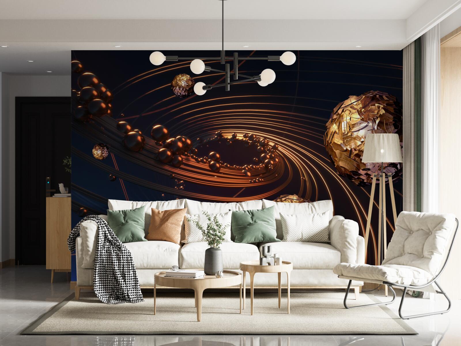 Papier peint boules lumineuses dorées