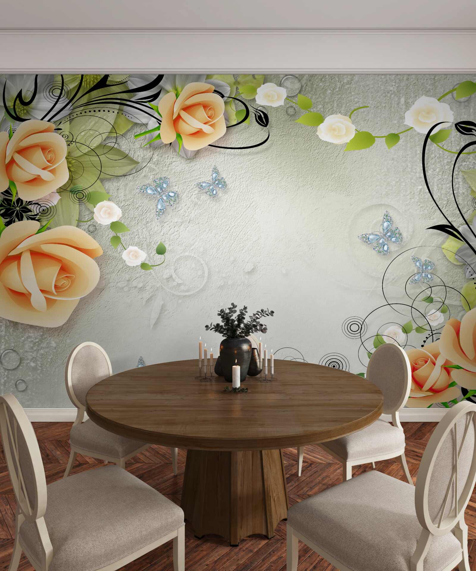 Papier peint fond gris avec des roses orange