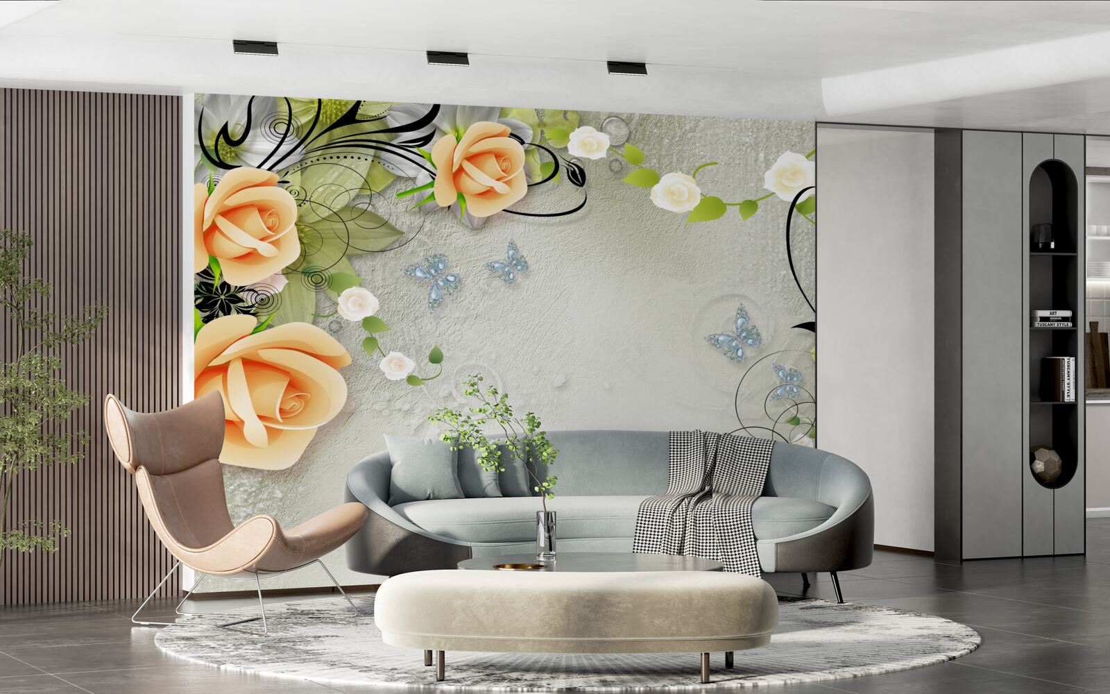 Papier peint fond gris avec des roses orange