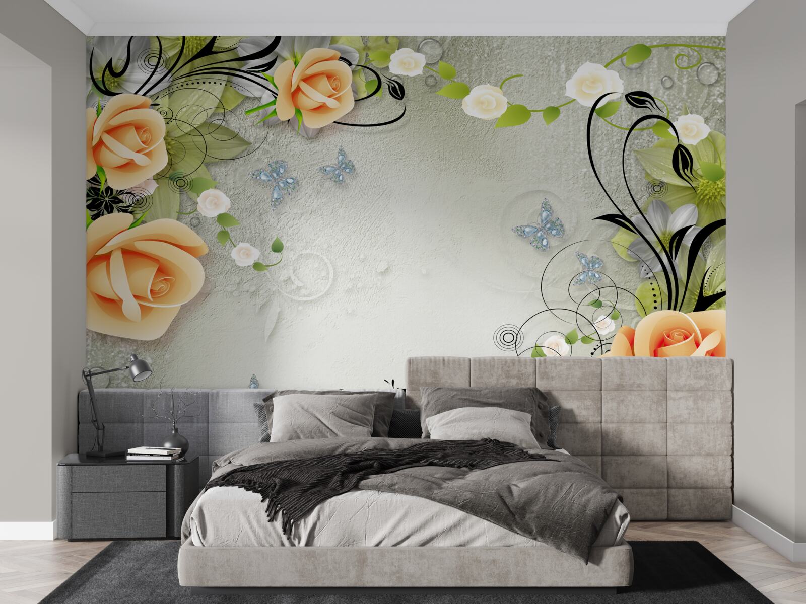 Papier peint fond gris avec des roses orange