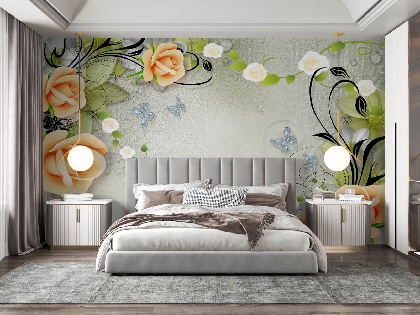 Papier peint fond gris avec des roses orange