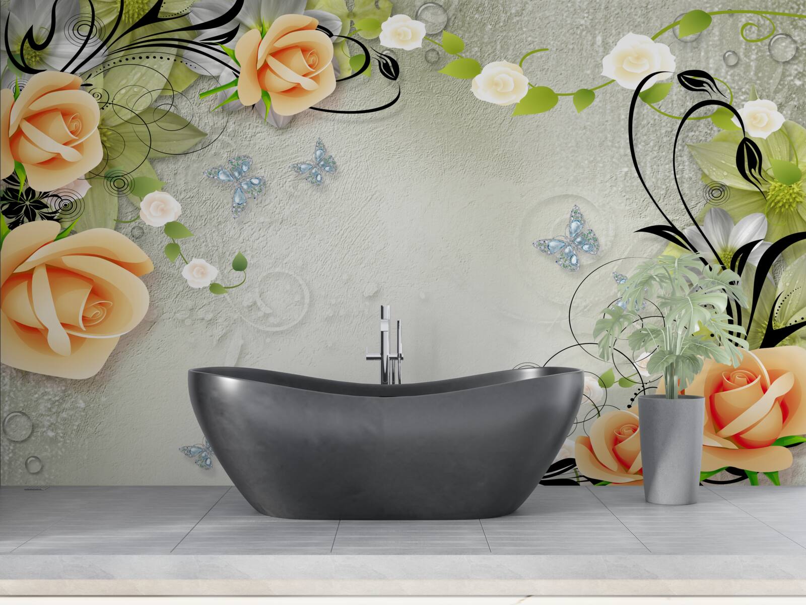 Papier peint fond gris avec des roses orange