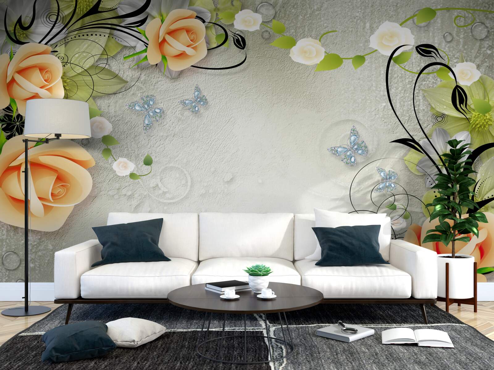 Papier peint fond gris avec des roses orange