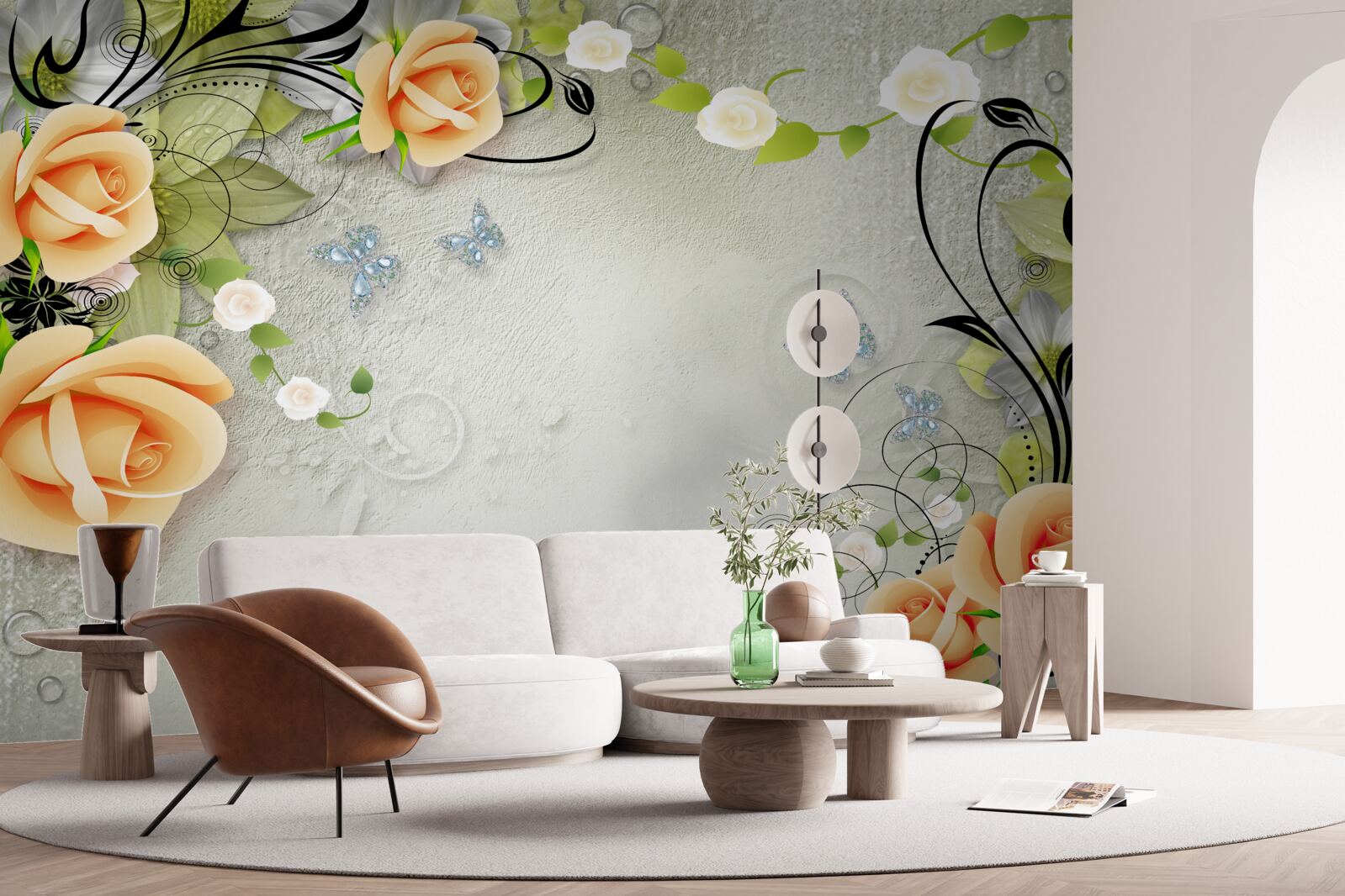Papier peint fond gris avec des roses orange