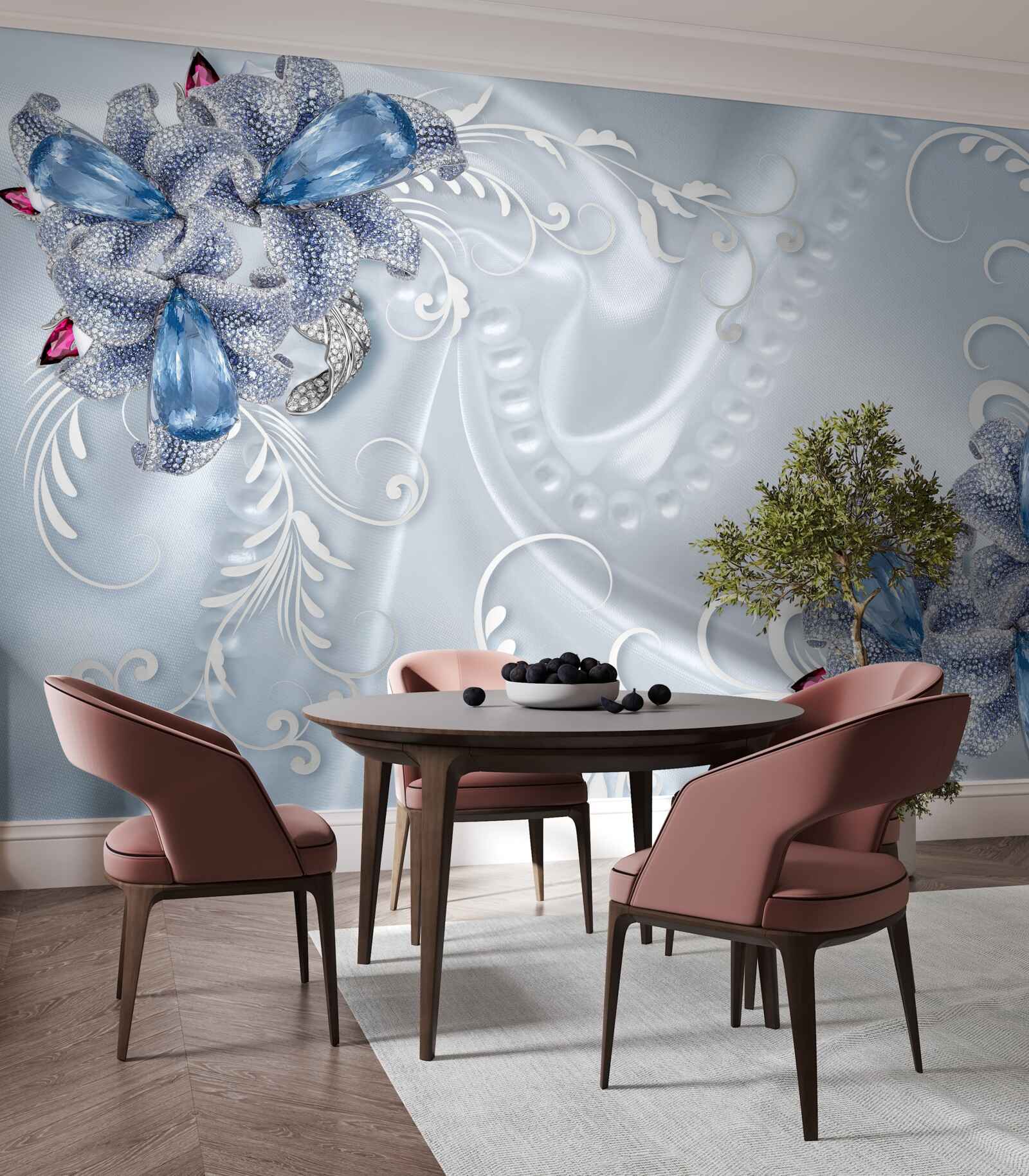 Papier peint les fleurs sont bleu-gris avec des motifs
