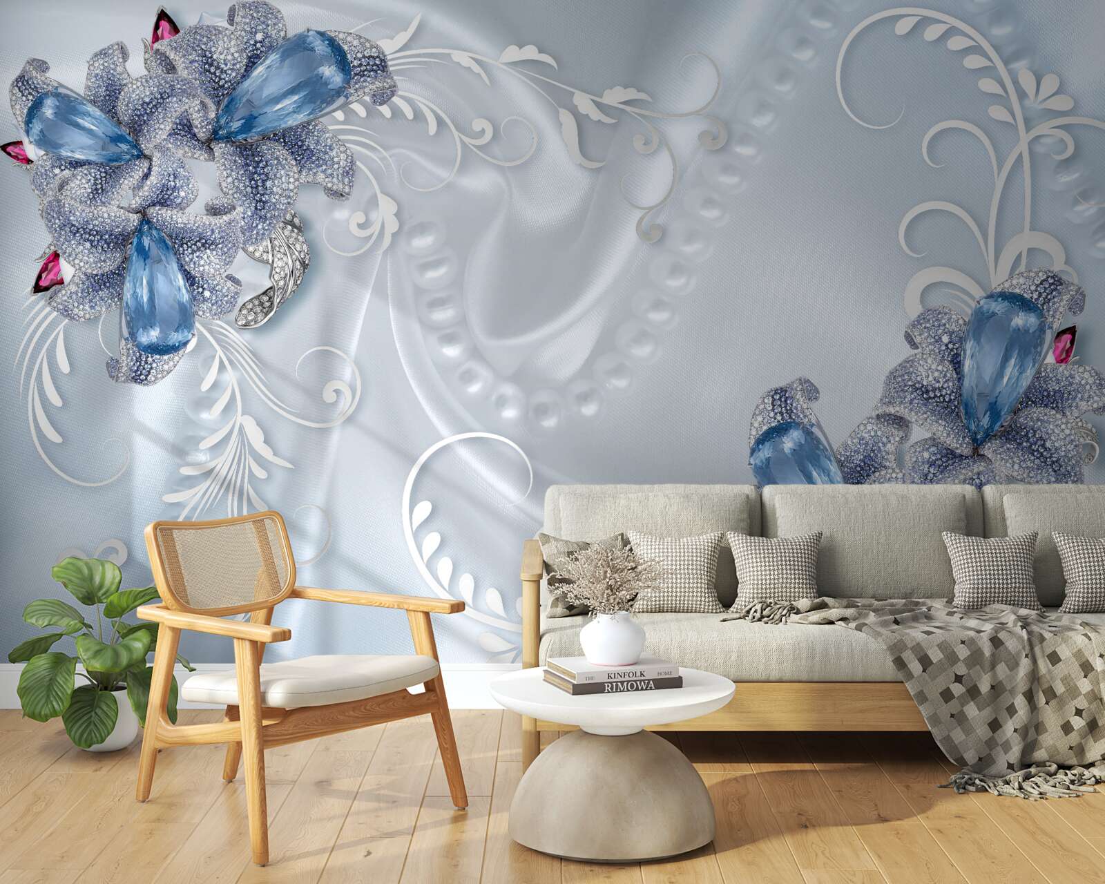 Papier peint les fleurs sont bleu-gris avec des motifs