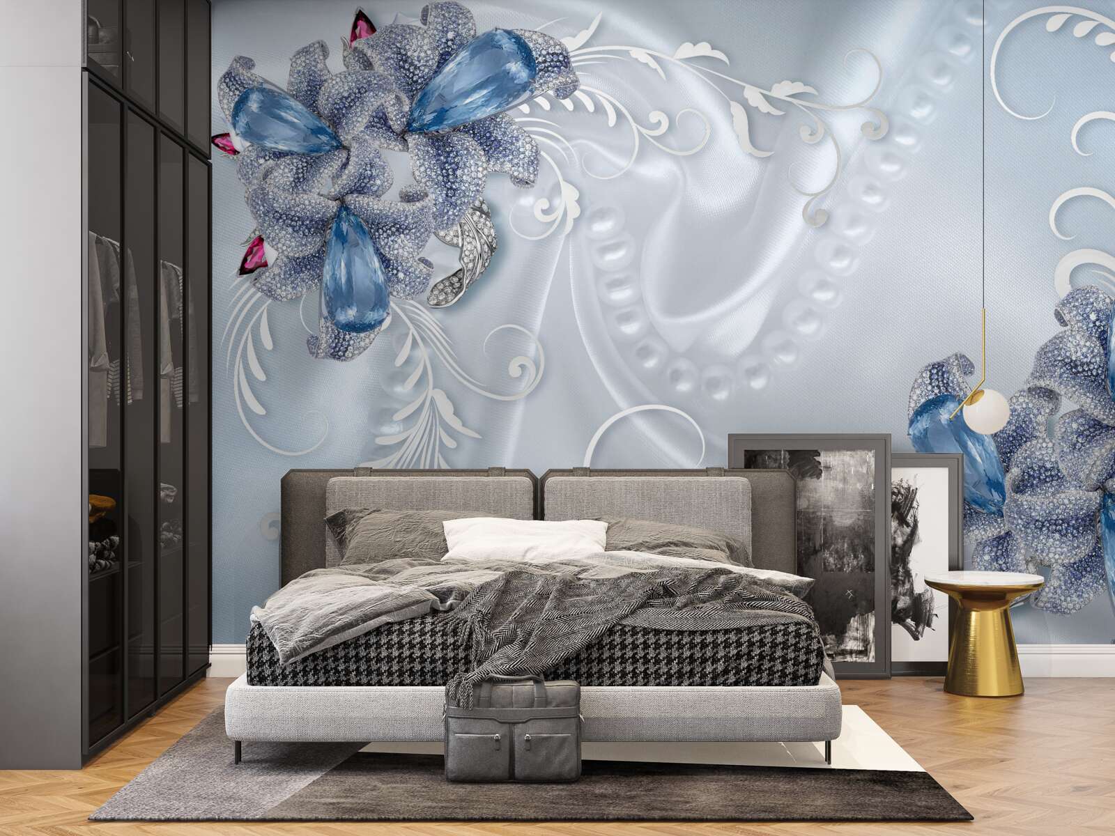 Papier peint les fleurs sont bleu-gris avec des motifs
