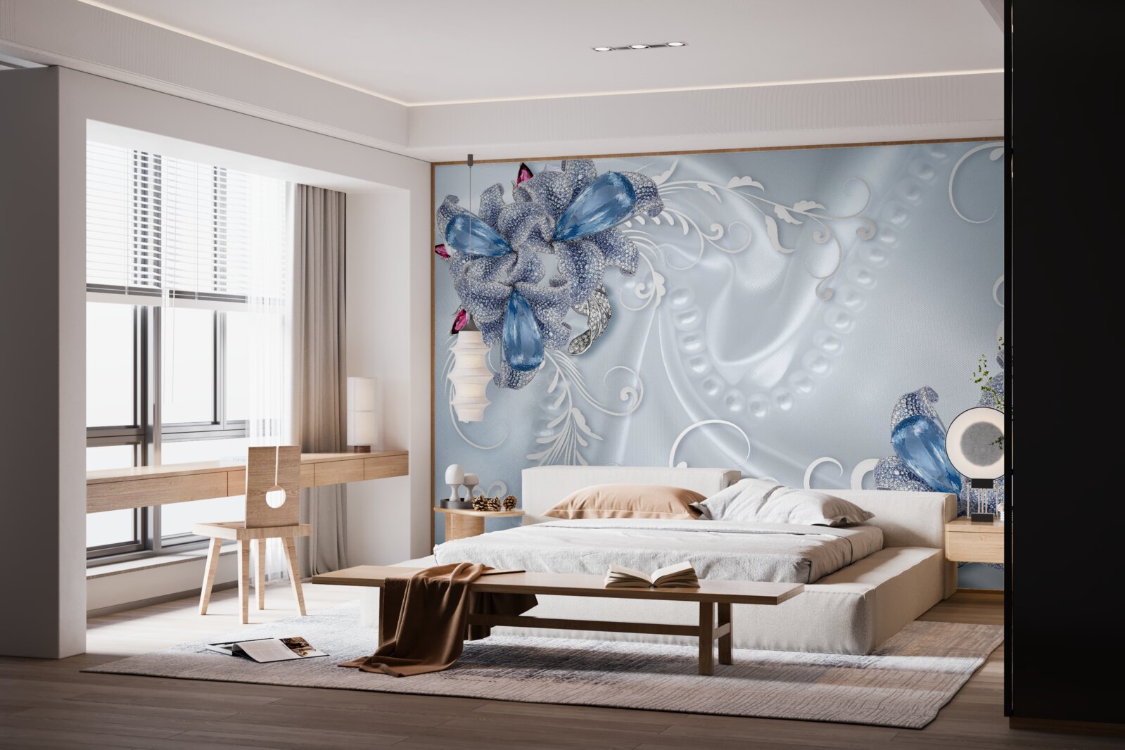 Papier peint les fleurs sont bleu-gris avec des motifs