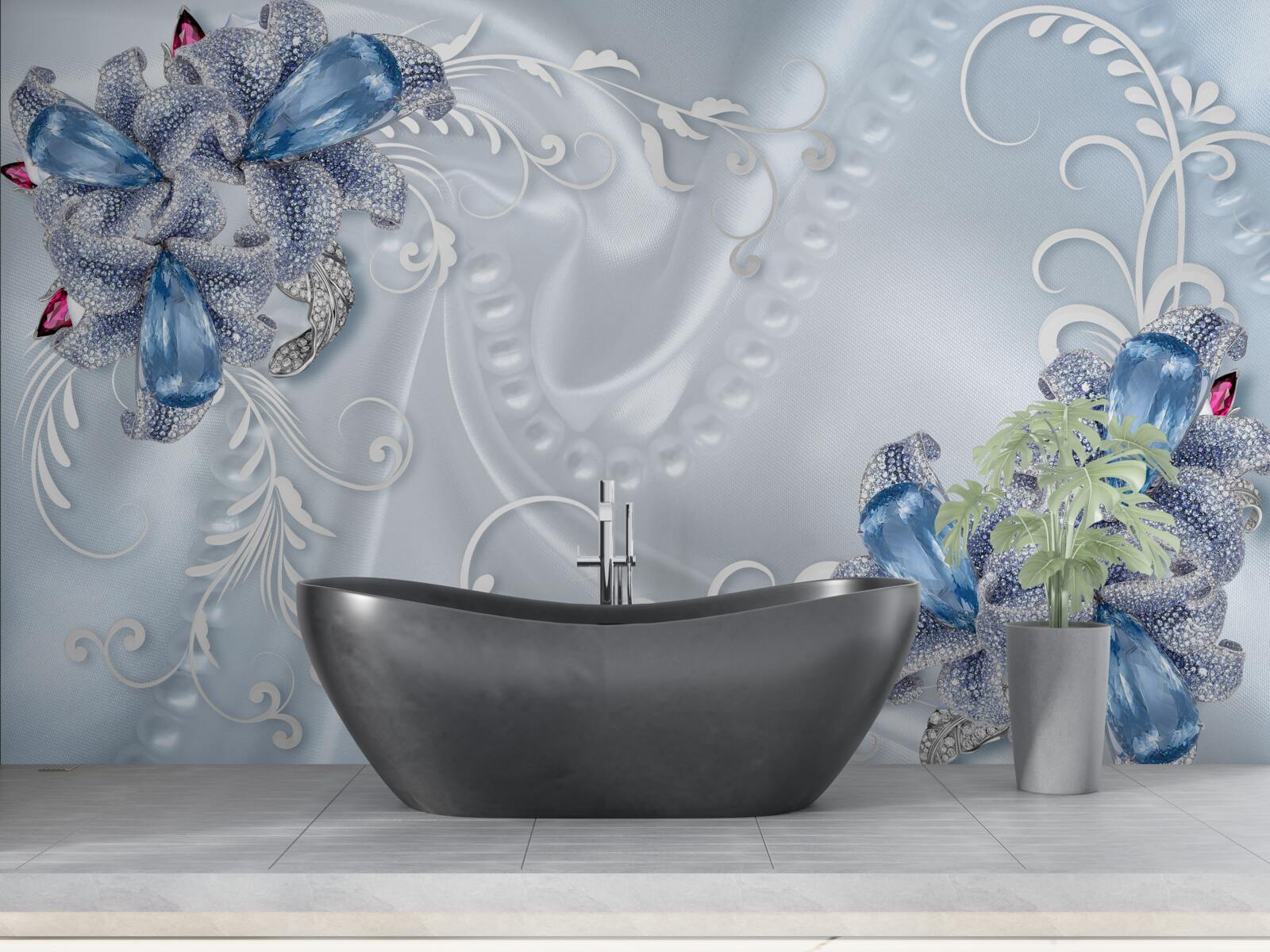 Papier peint les fleurs sont bleu-gris avec des motifs