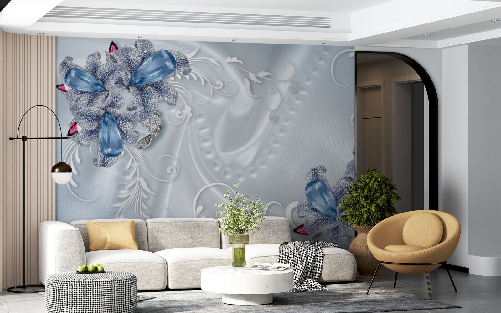 Papier peint les fleurs sont bleu-gris avec des motifs