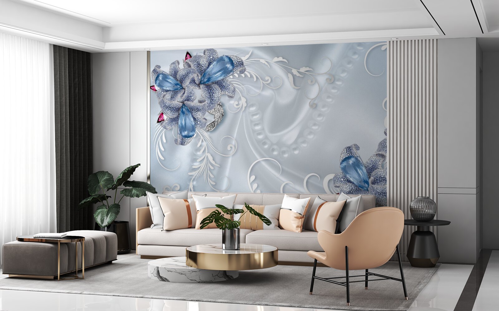 Papier peint les fleurs sont bleu-gris avec des motifs