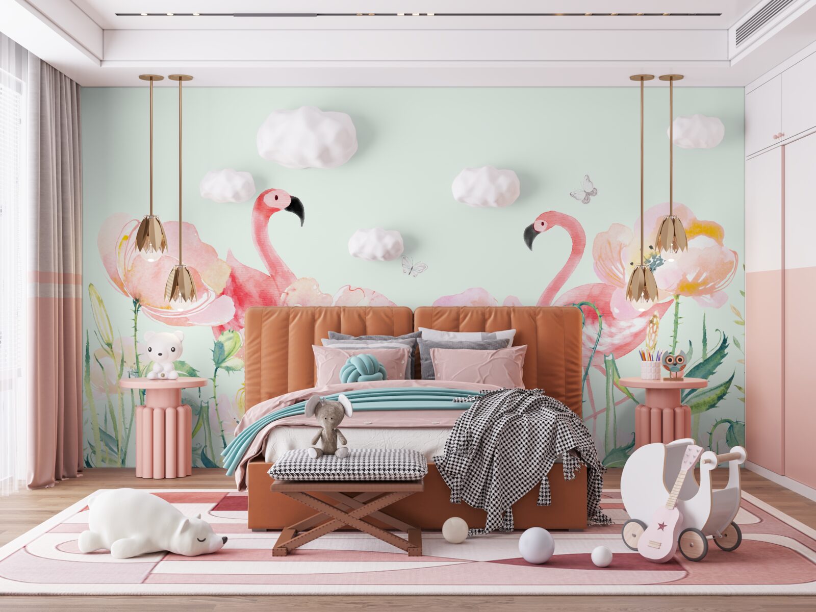 Papier peint flamant rose parmi des fleurs assorties