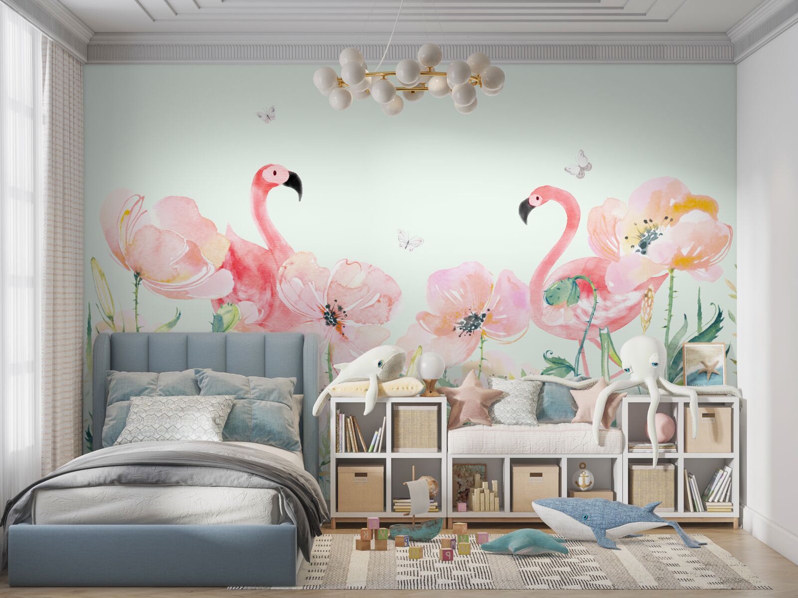 Papier peint flamant rose parmi des fleurs assorties