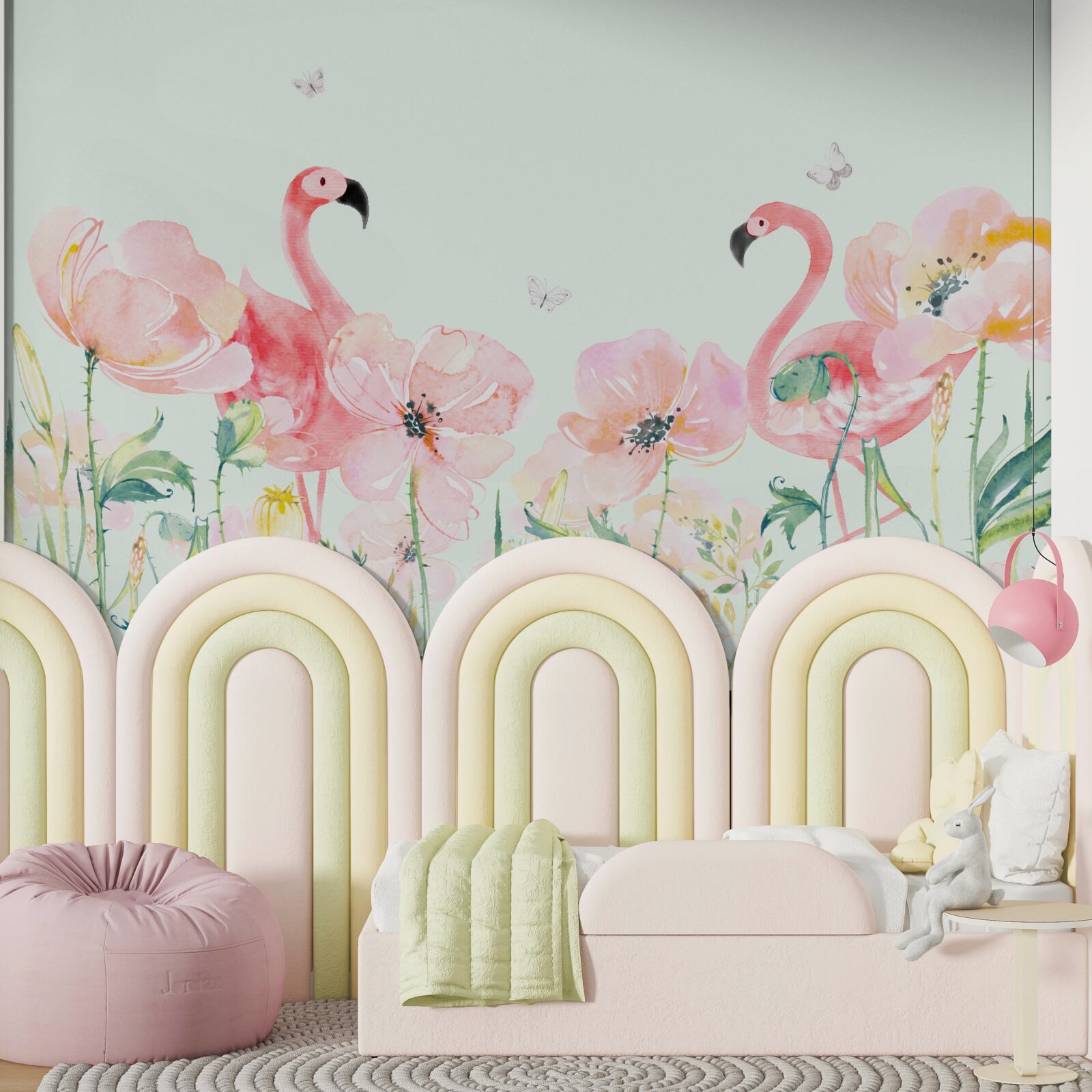 Papier peint flamant rose parmi des fleurs assorties