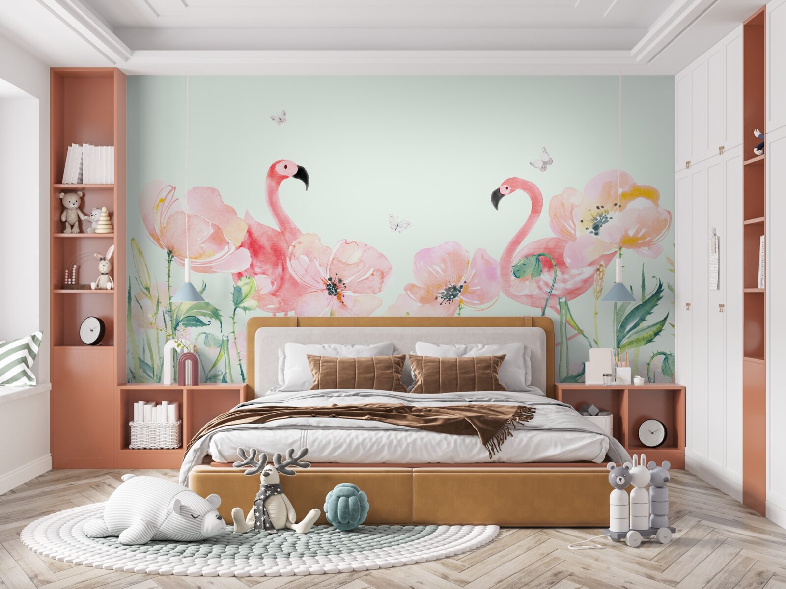 Papier peint flamant rose parmi des fleurs assorties