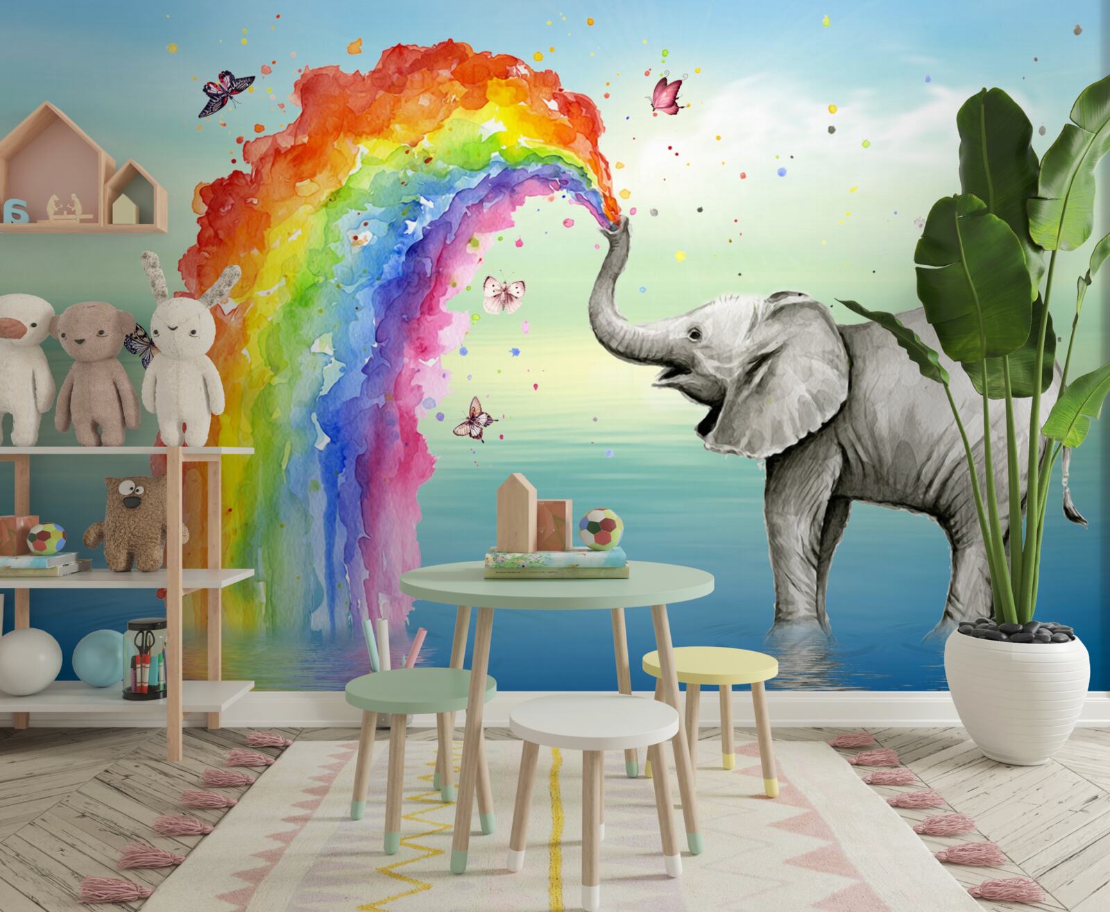 Papier peint un arc-en-ciel sort de la trompe d'un éléphant