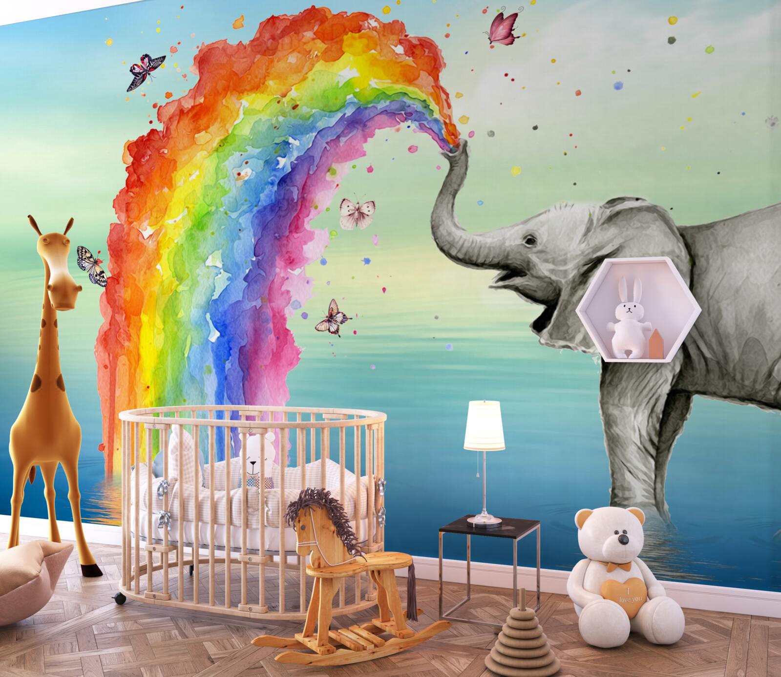 Papier peint un arc-en-ciel sort de la trompe d'un éléphant