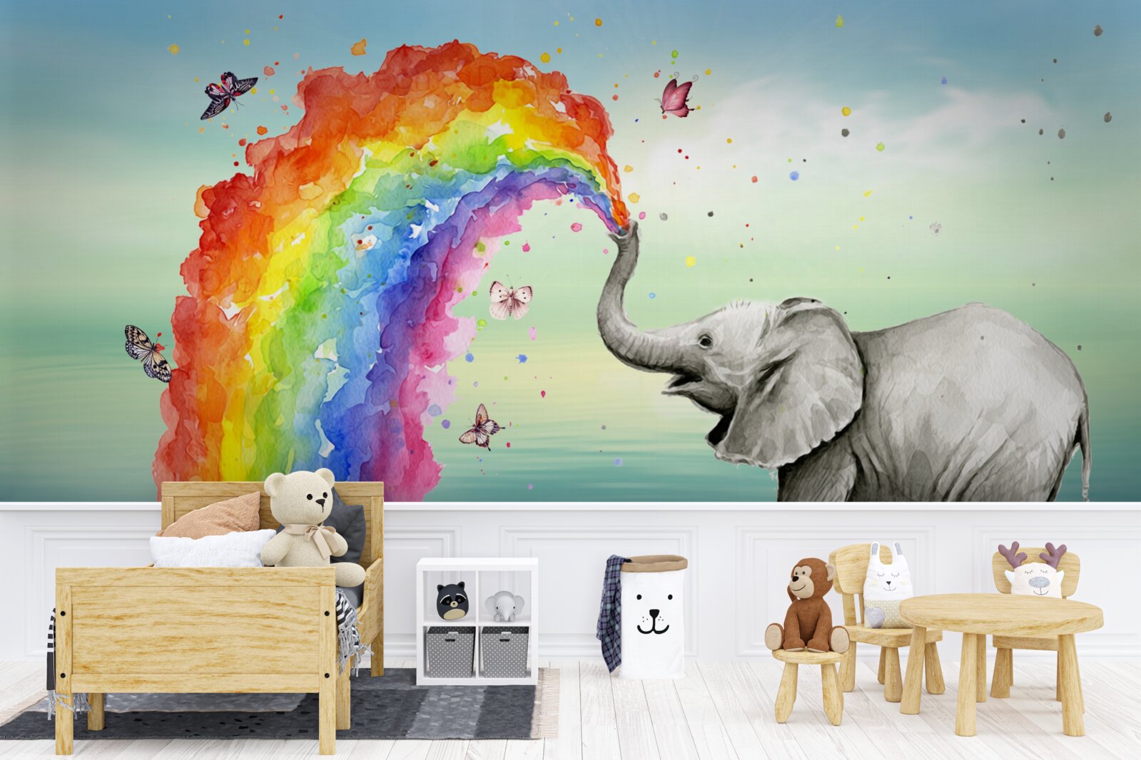 Papier peint un arc-en-ciel sort de la trompe d'un éléphant
