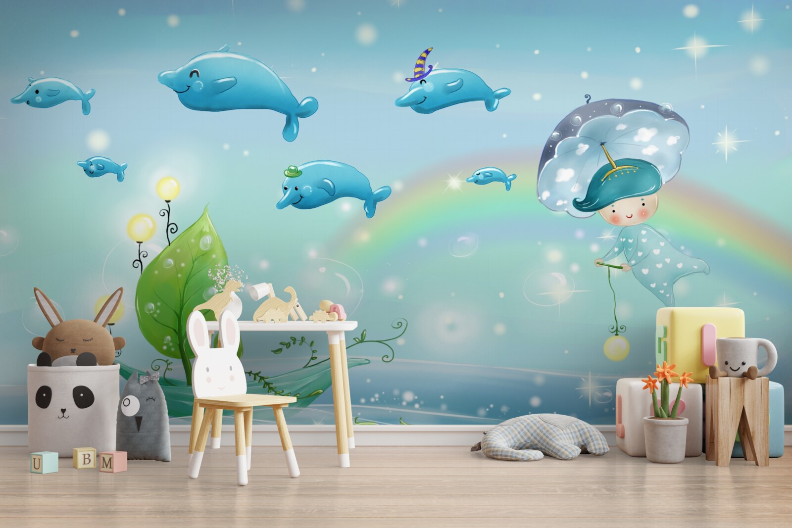 Papier peint un enfant avec un parapluie vole avec des dauphins à la surface de l'eau