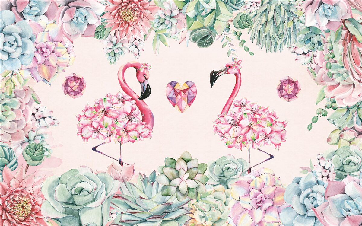 Papier peint deux flamants roses parmi la verdure et les fleurs
