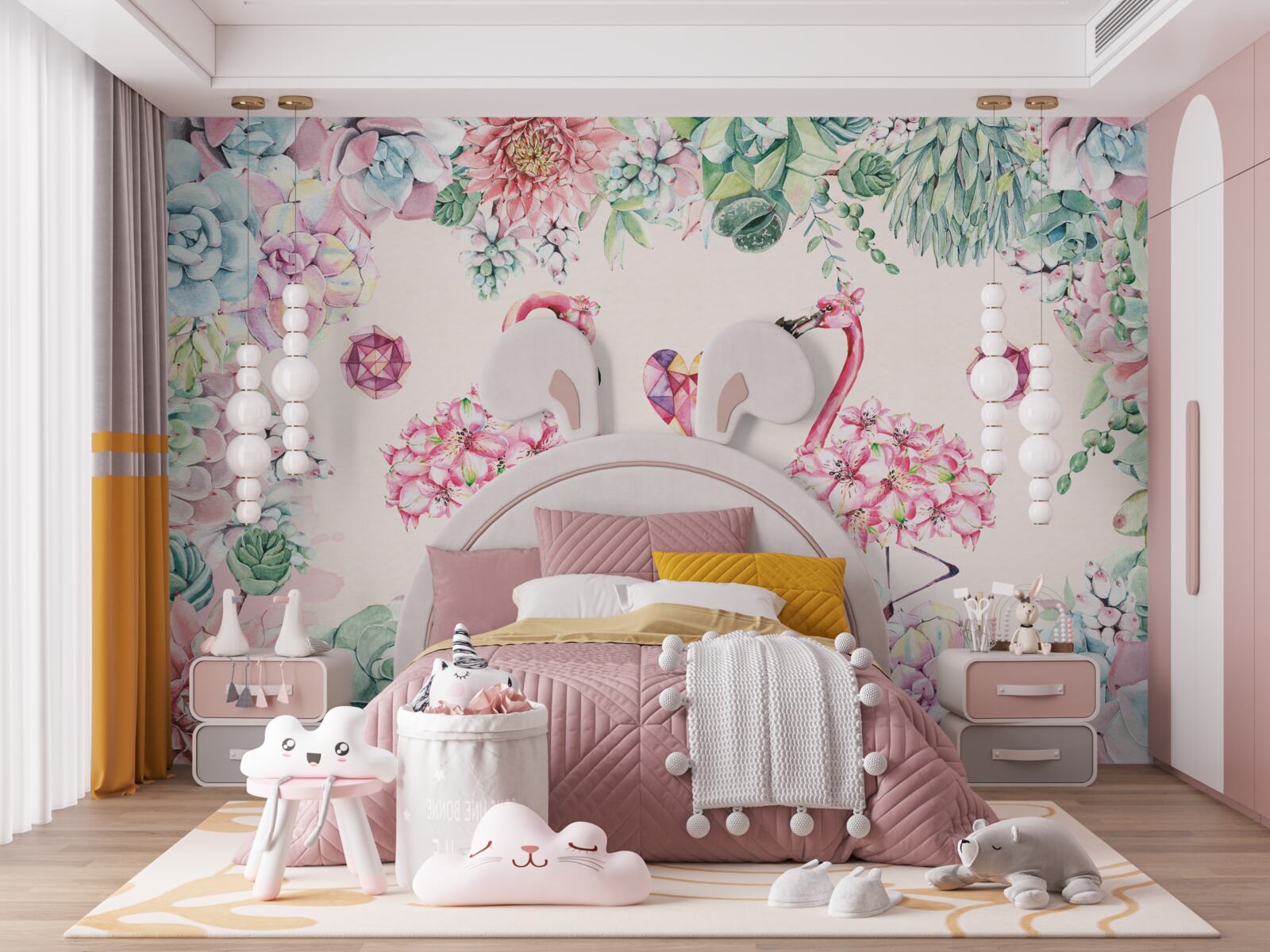 Papier peint deux flamants roses parmi la verdure et les fleurs