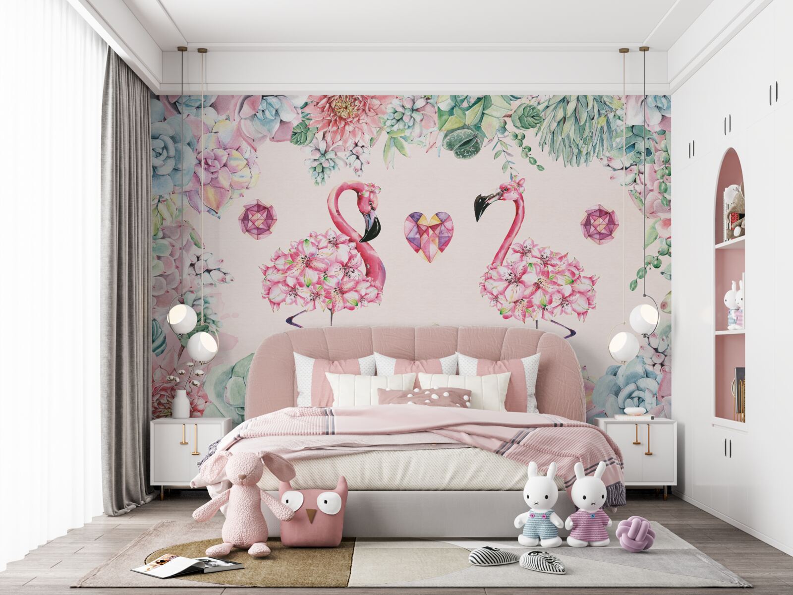 Papier peint deux flamants roses parmi la verdure et les fleurs