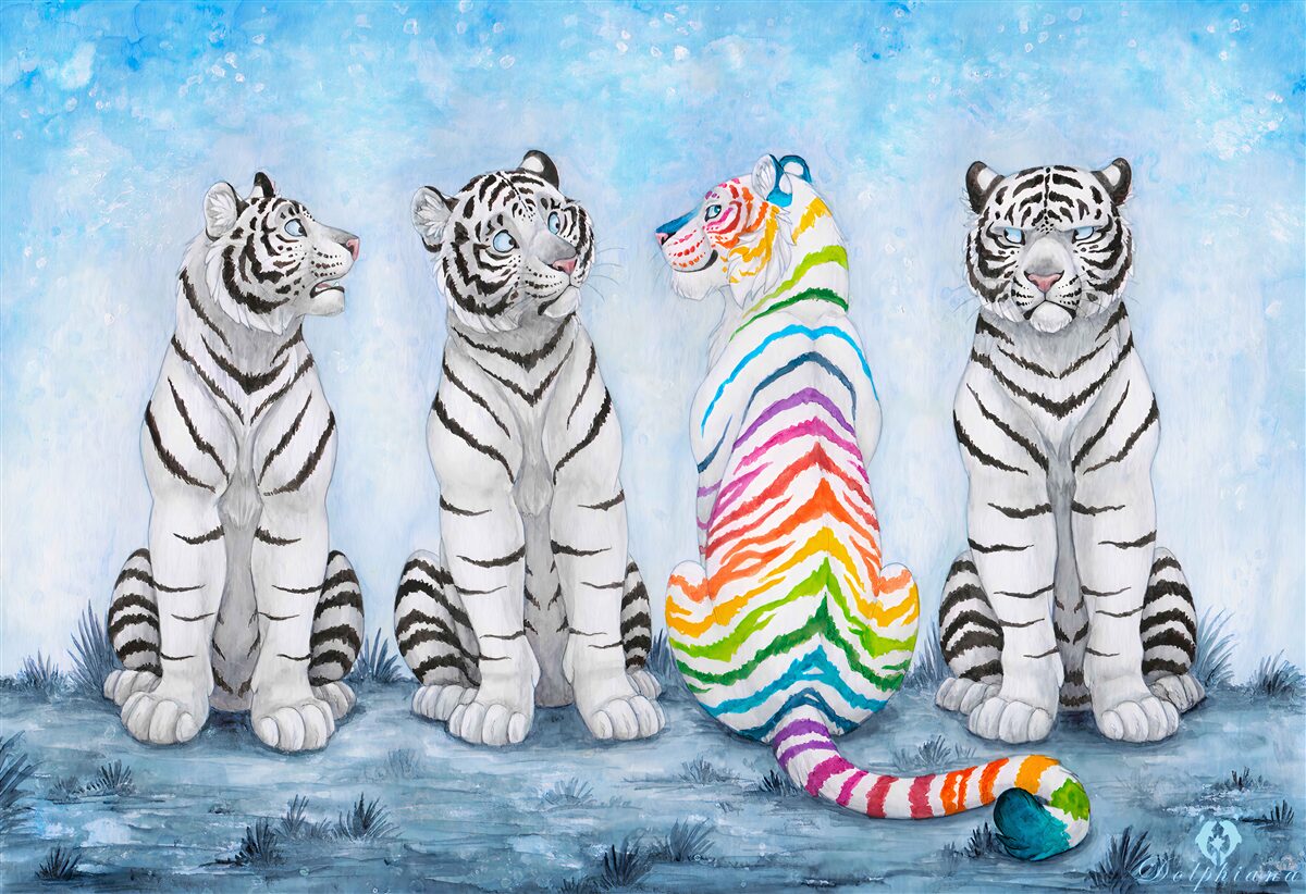 Papier peint un tigre et trois tigres blancs