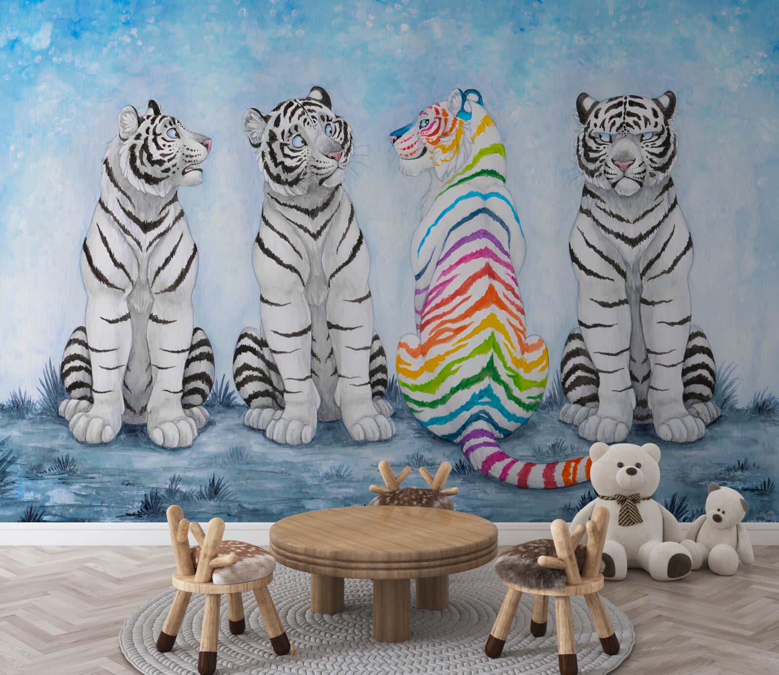 Papier peint un tigre et trois tigres blancs