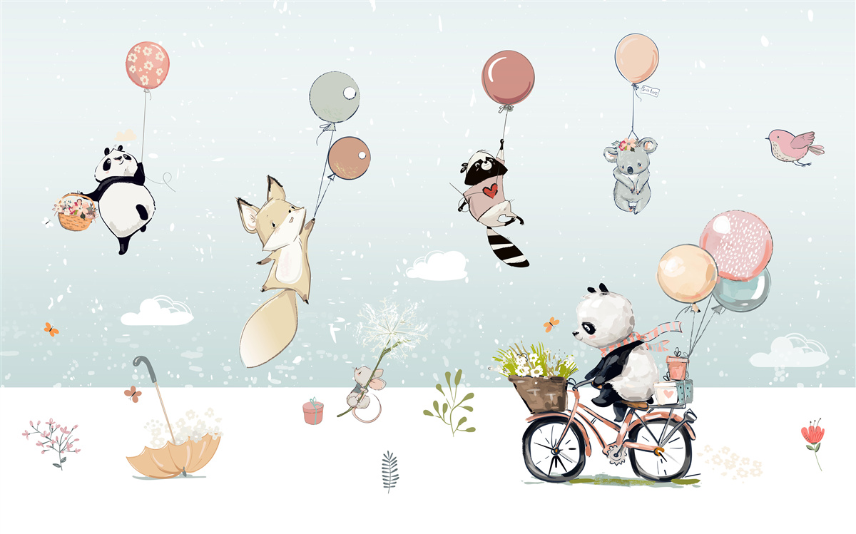 Papier peint le panda fait du vélo et les animaux tiennent des ballons