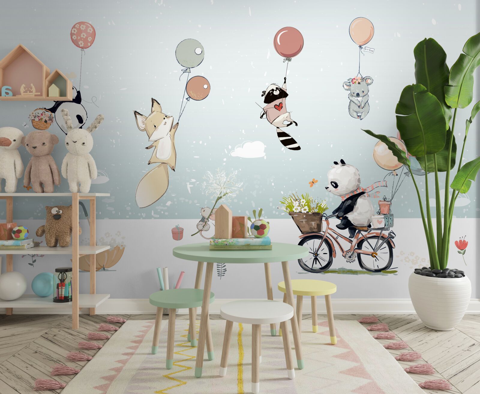 Papier peint le panda fait du vélo et les animaux tiennent des ballons
