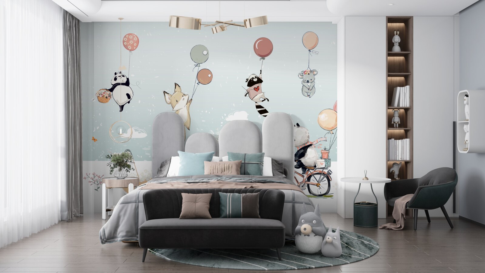 Papier peint le panda fait du vélo et les animaux tiennent des ballons