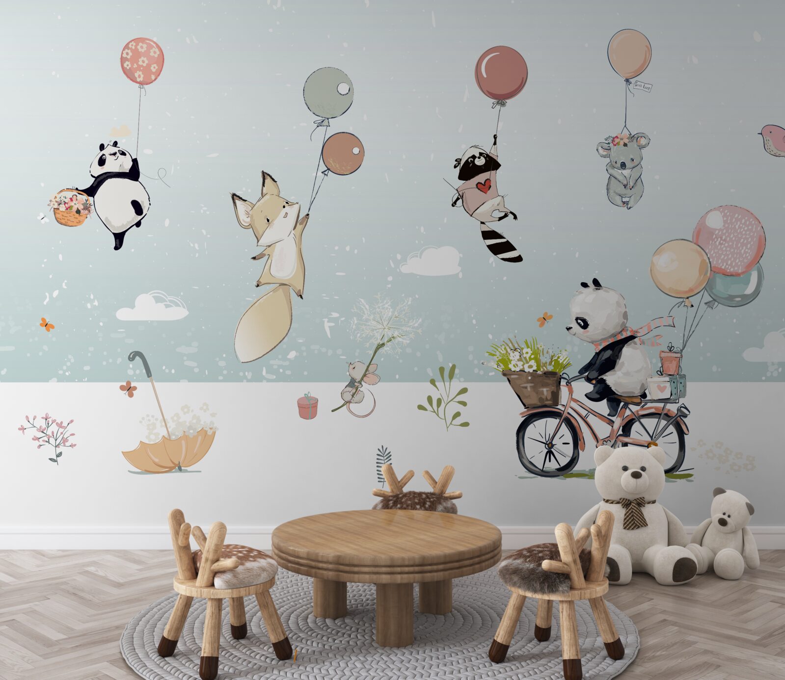 Papier peint le panda fait du vélo et les animaux tiennent des ballons