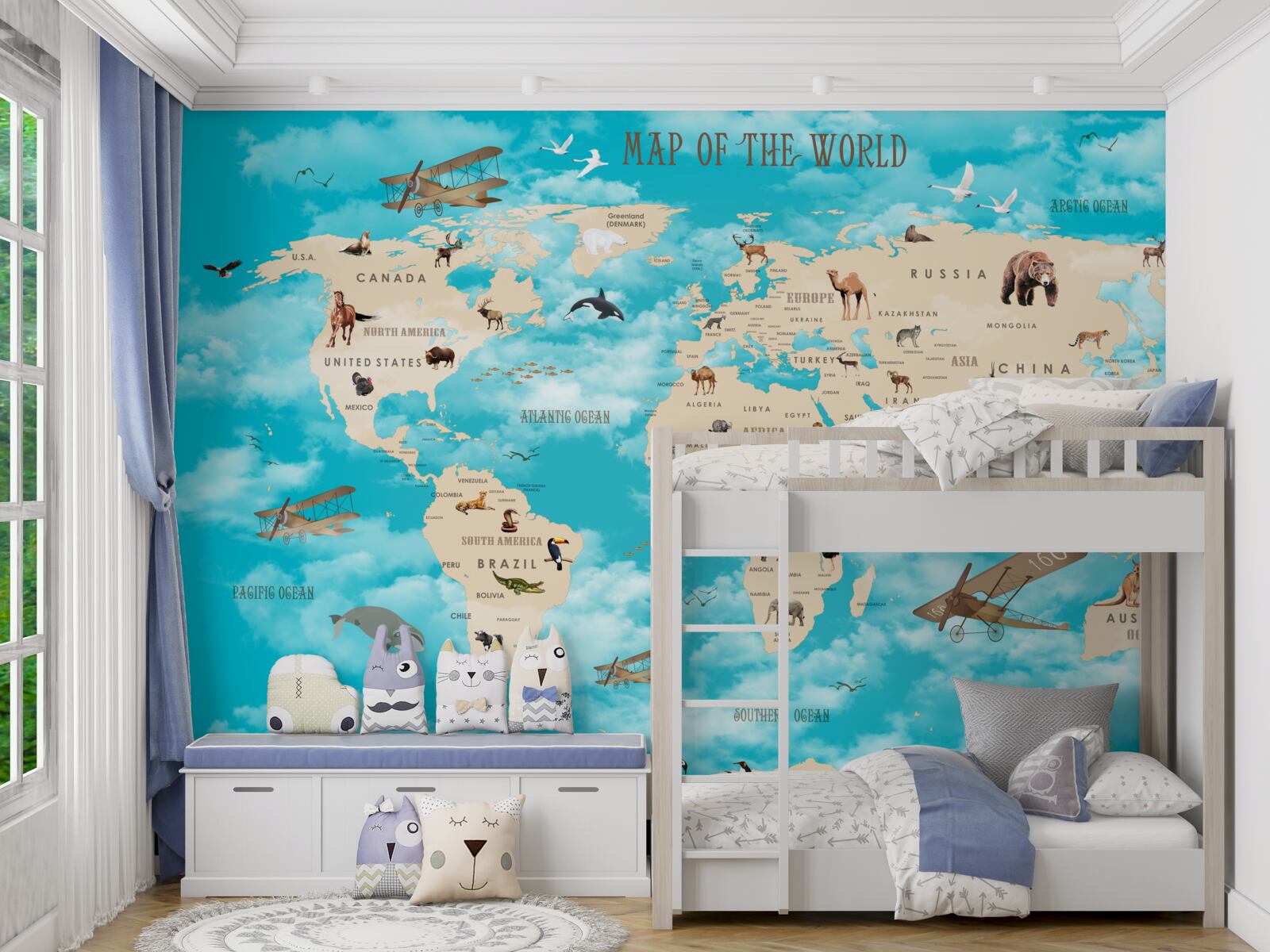Papier peint carte du monde avec détails sur fond turquoise