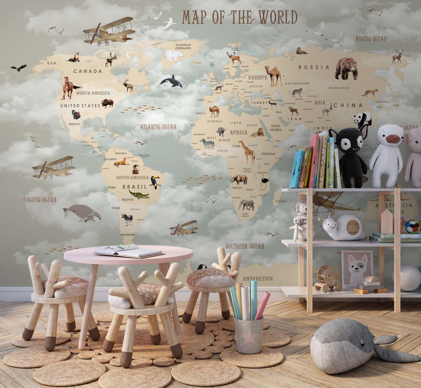 Papier peint carte du monde montrant les animaux et les transports