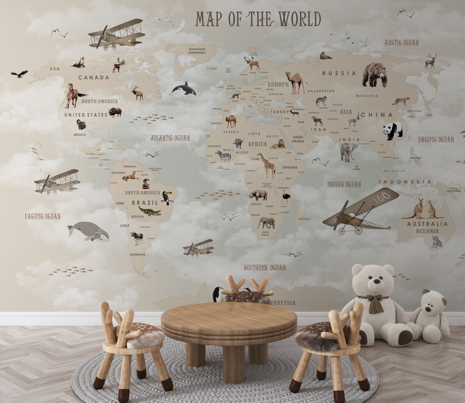 Papier peint carte du monde en nuances de brun