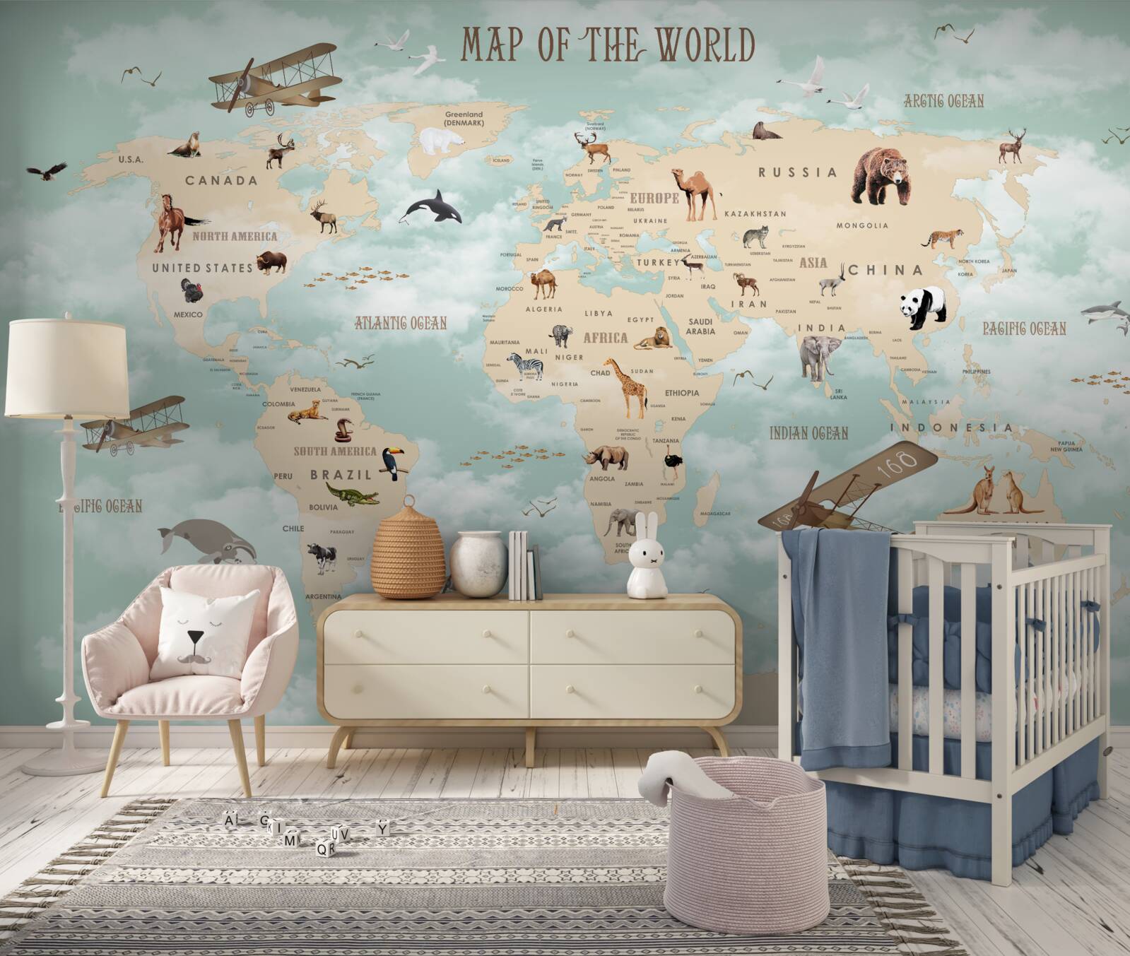 Papier peint carte du monde sur fond vert