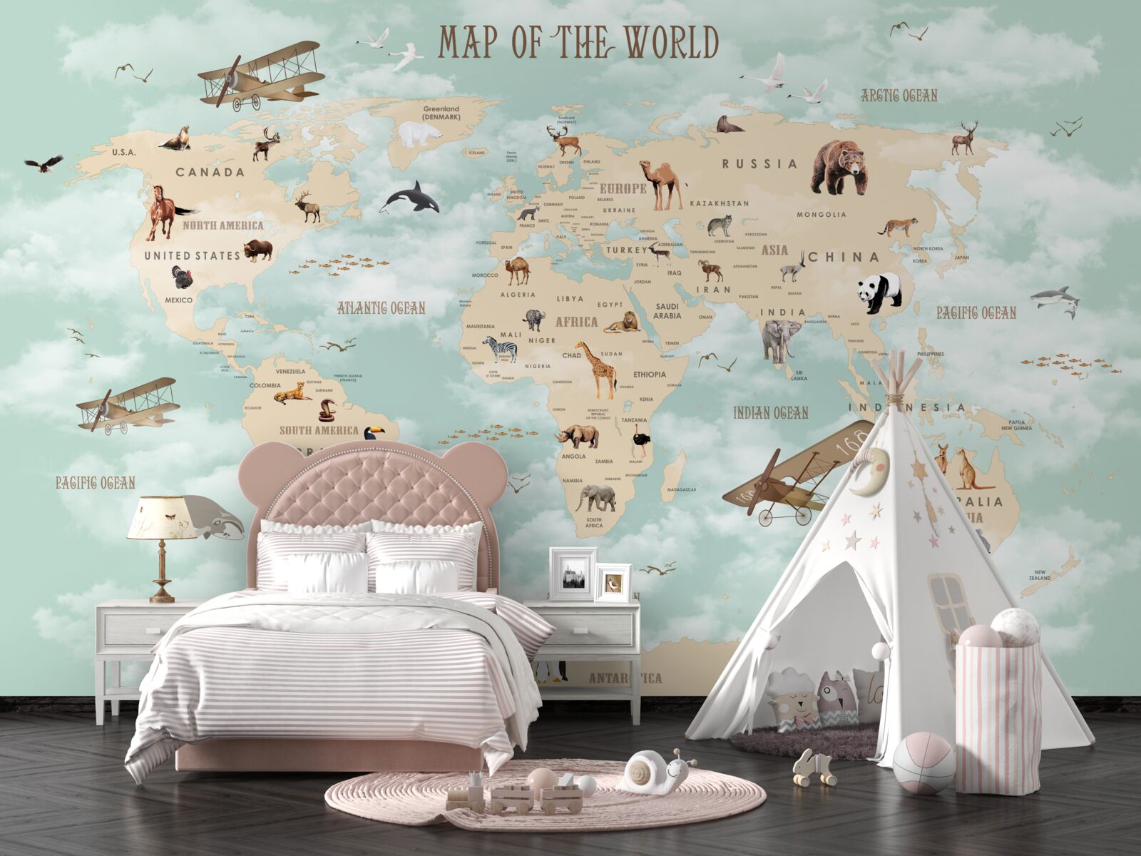 Papier peint carte du monde sur fond vert