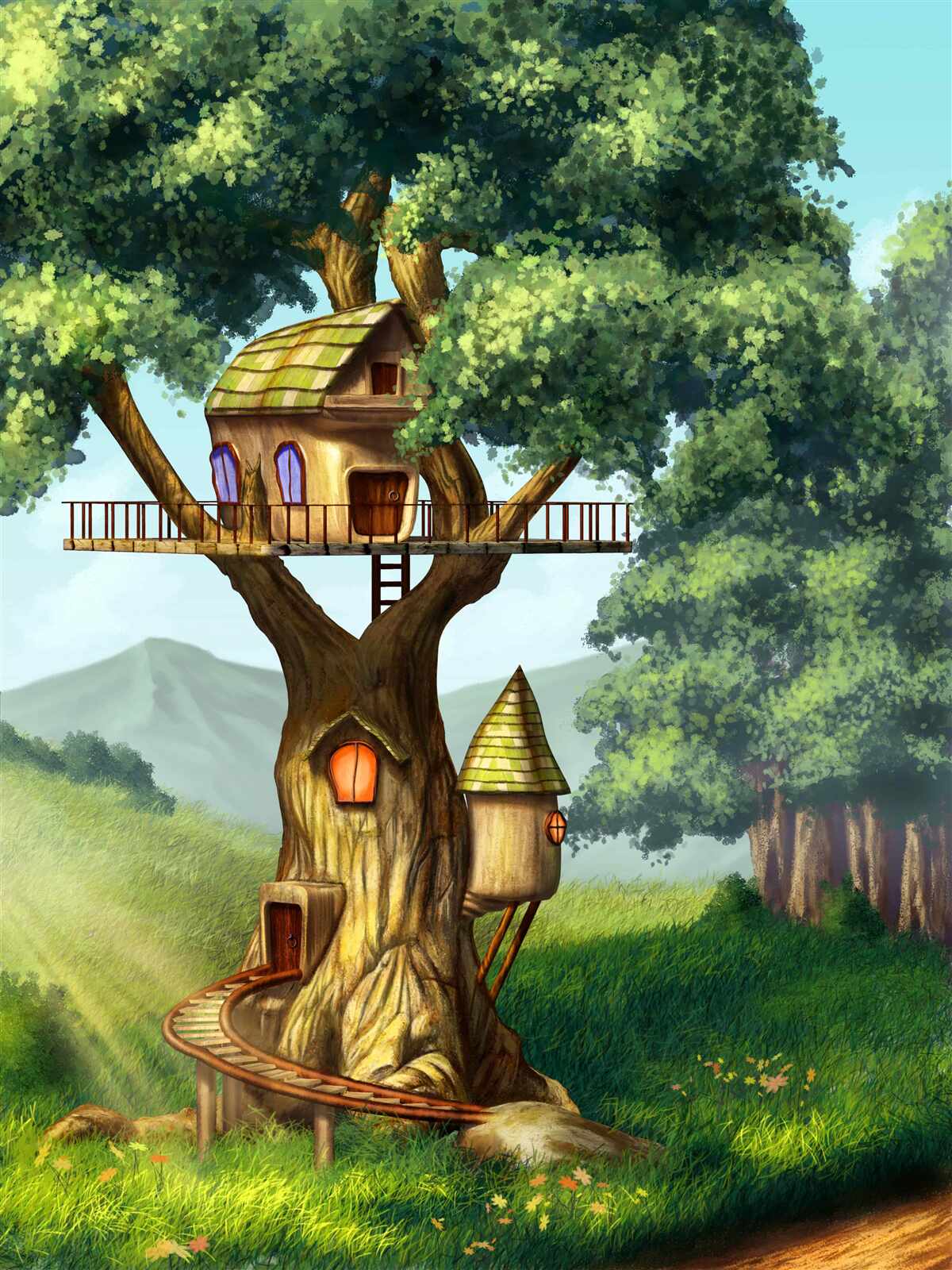 Papier peint maison en bois sur des branches