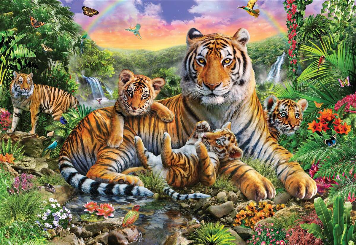 Papier peint mère et petit tigre se reposant dans la jungle