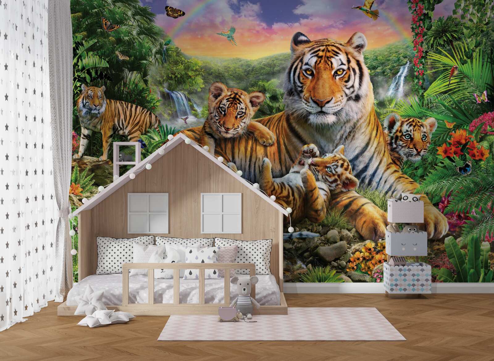 Papier peint mère et petit tigre se reposant dans la jungle