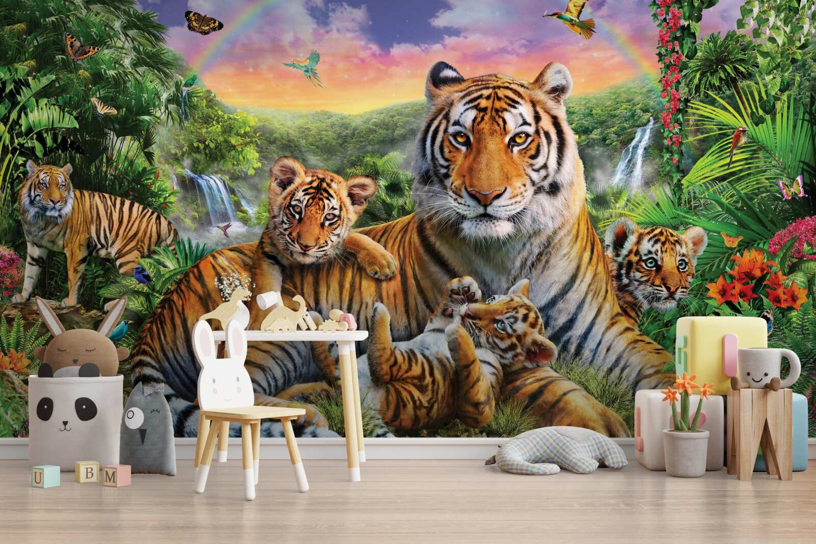 Papier peint mère et petit tigre se reposant dans la jungle